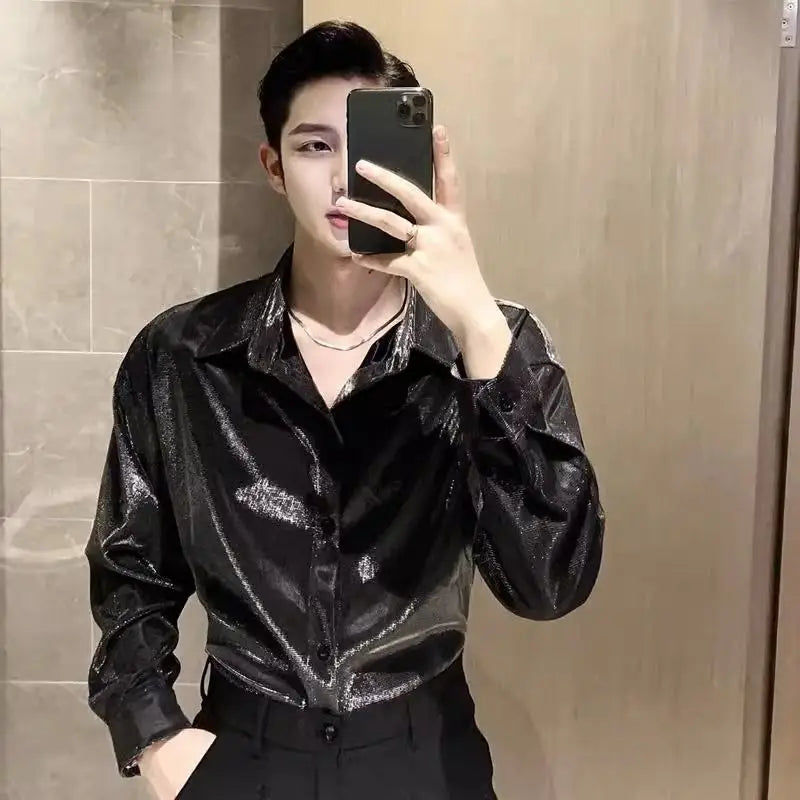 Autumn KPOP Fashion Style Harajuku Slim Fit Ropa Hombre Loose Casual All Match Shirt Square Neck Button Long Sleeve Blusa