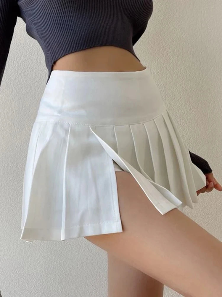Fashion Slit Women Pleated Skirt Summer High Waist Sexy Mini Skirt White Jk Korean Girl Dance Skirt voguable