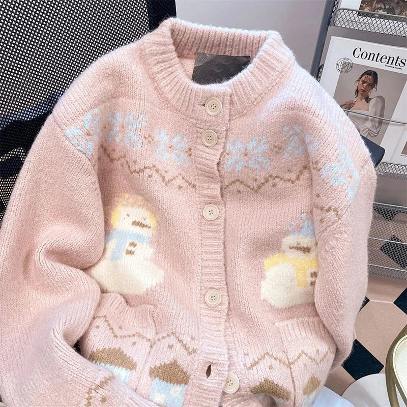 Cute Snowmen Pink Cardigan Sweater Women Vintage Sweet Print Loose Knitted Coat Japan Fall Winter Kawaii Female O Neck Tops voguable