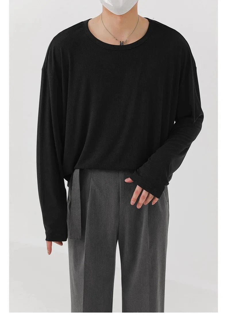 Korean Fashion Men T-shirt Luxury Knitted Solid Color Scoop Neck Long Sleeve Tees Casual Premium Quality Textured Knitwear M-3XL voguable