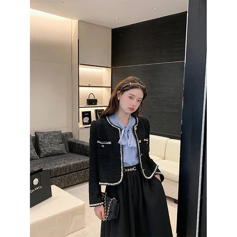 Vintage Jackets Women Black Tweed Cropped Coat Korean Elegant Thicken Single Breasted Blazer Casual Short Outerwear Tops voguable
