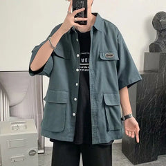 Voguable  Shirts for Men with Pocket Cargo Man Shirt Loose Korean Style Casual Asia Cool Hipster Original Half Sleeve Normal Collar I Xxl voguable