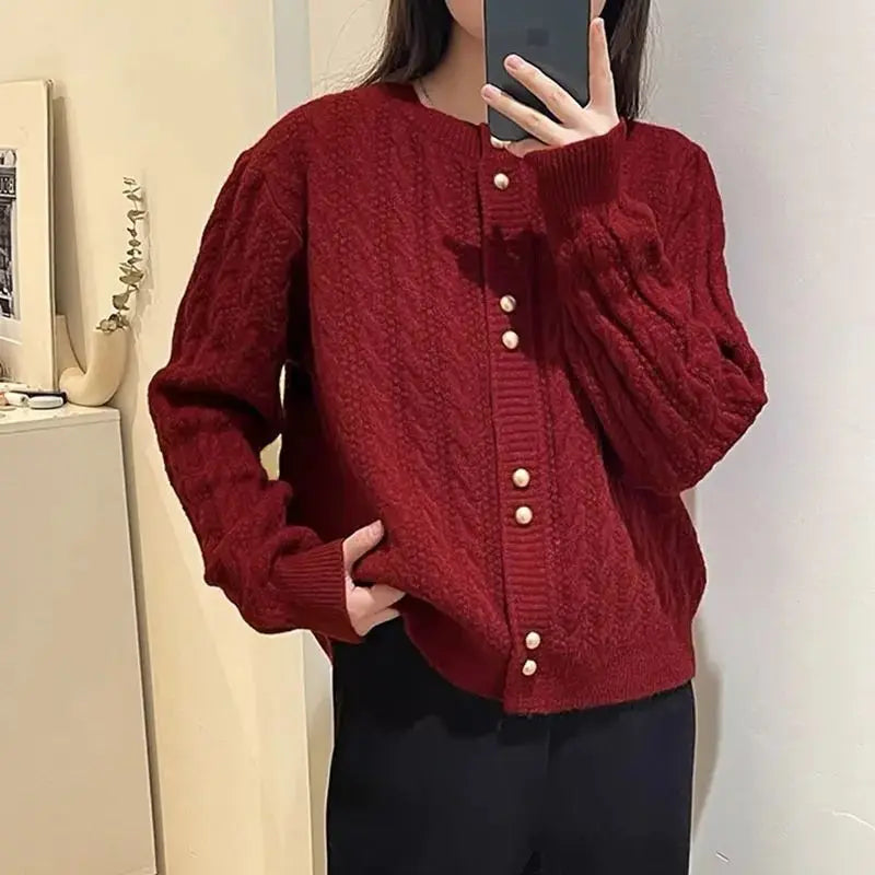 Mint Mambo Knitted Cardigan for Women's Sweater Retro Twist Gold Button Small Fragrance Style Loose Red Top voguable