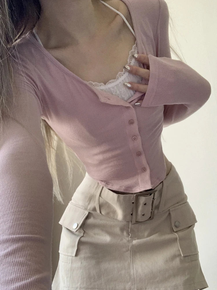 Voguable  Lace Patchwork Fake Two Piece T-shirt Coquette Aesthetic Kawaii Crop Top Janpanese Fashion Button Up Cardigan Women voguable