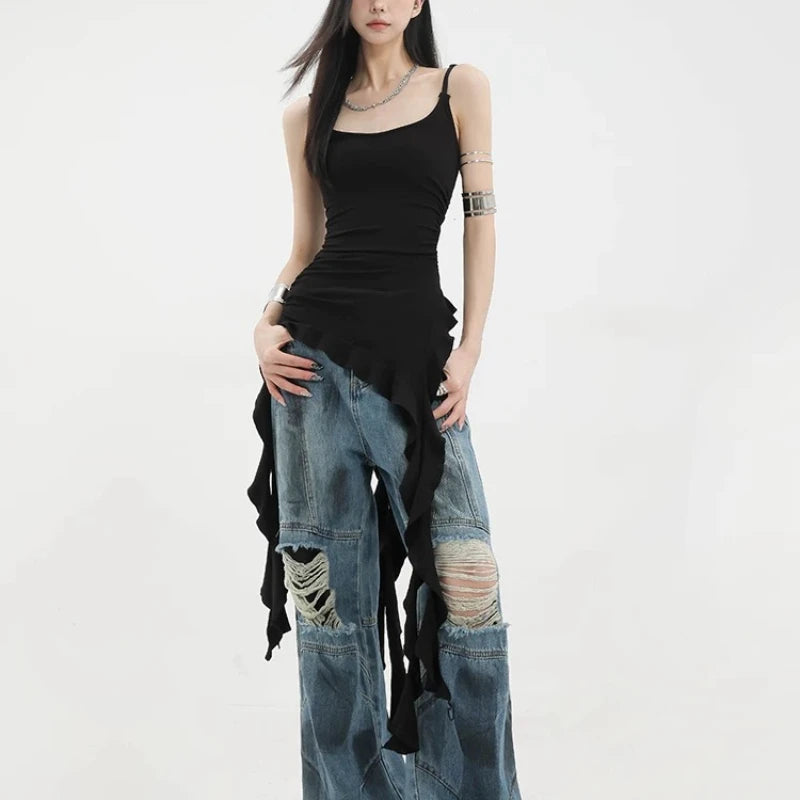 Sexy Tank Top Asymmetrical Black Y2k Women Ruffle Grunge Backless Coquette Fashion Streetwear Tops Solid Aesthetics voguable