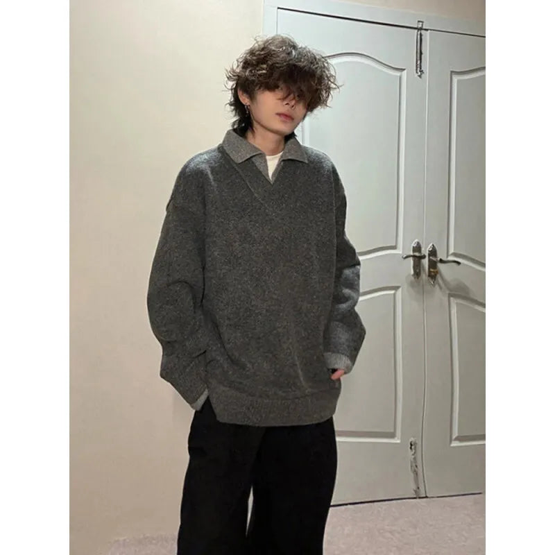 Winter Lapel Sweater Men Warm Fashion Casual Knitted Pullover Men Korean Loose Long Sleeved Sweater Mens Jumper Clothes M-2XL voguable