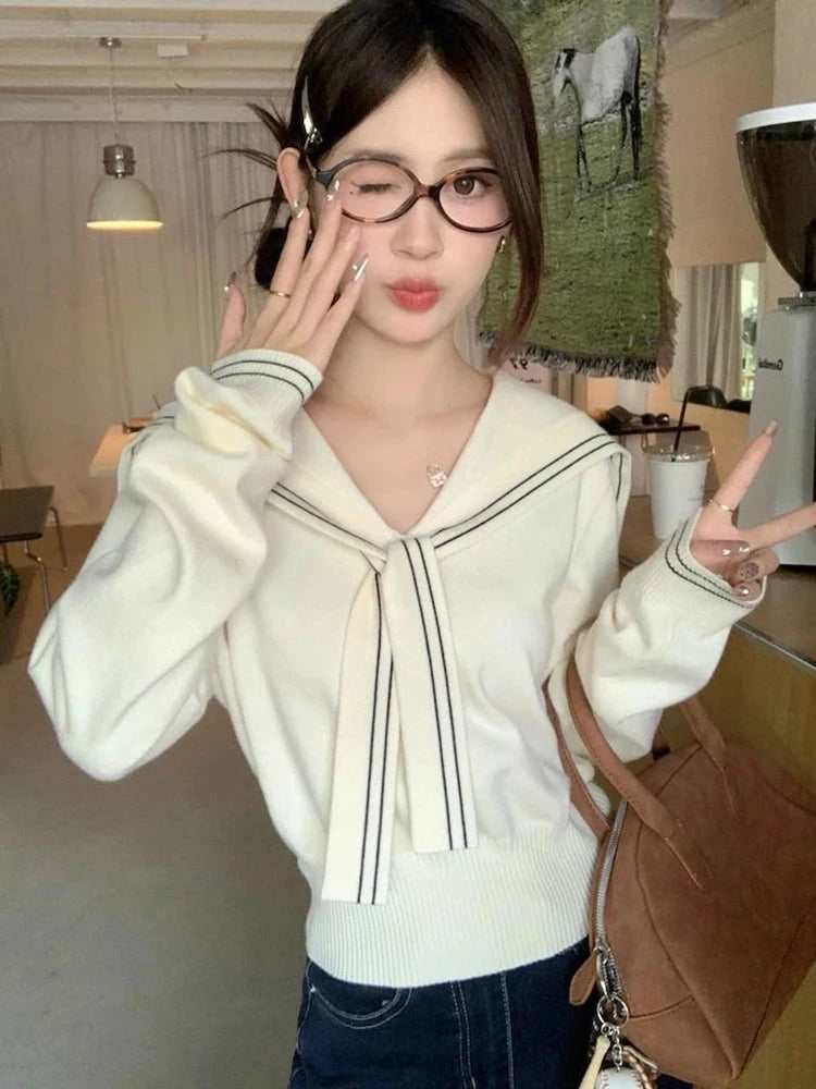 Sweet Sailor Collar Sweaters Women Vintage Preppy Style Fall Knitted Jumpers Casual Long Sleeve Lady Loose Striped Pullover New voguable