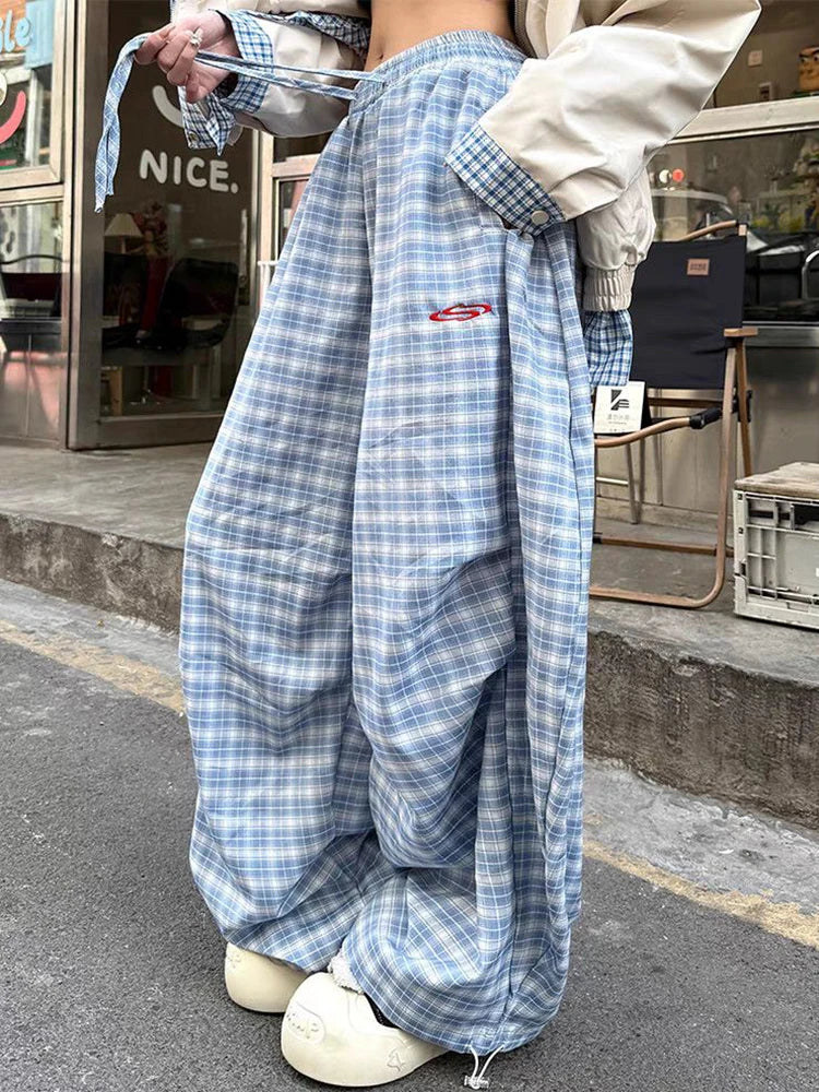Streetwear Y2K Plaid Pants Women Vintage American High Waist Scimitar Pants Harajuku Oversize Loose Bf Casual Trousers New voguable
