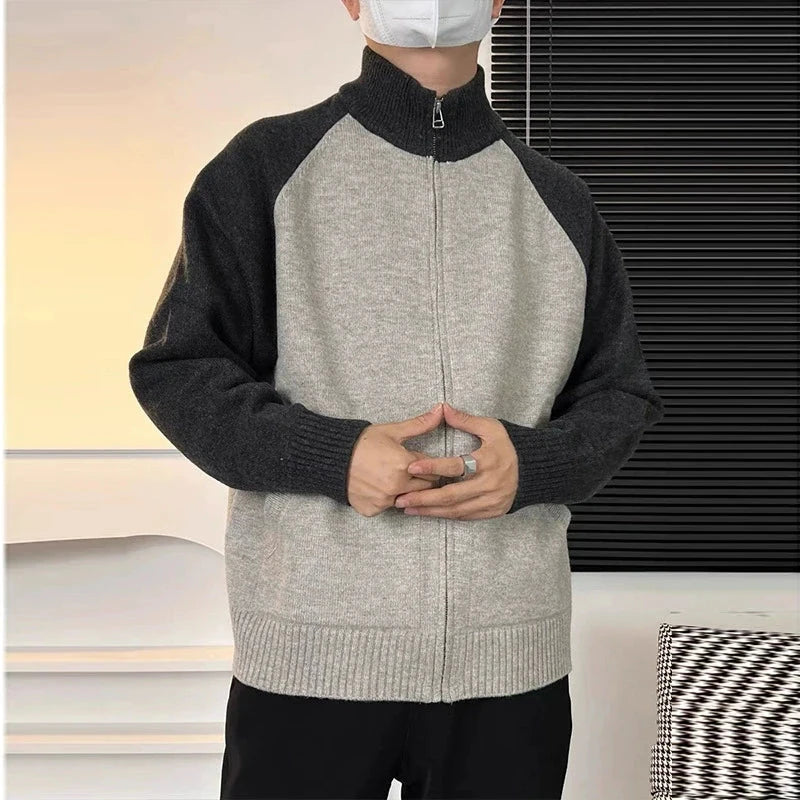 Autumn Men's Zipper Cardigan Jacket Casual Patchwork Stand Collar Long Sleeve Sweater Korean Premium Quality Knitted Outerwear voguable