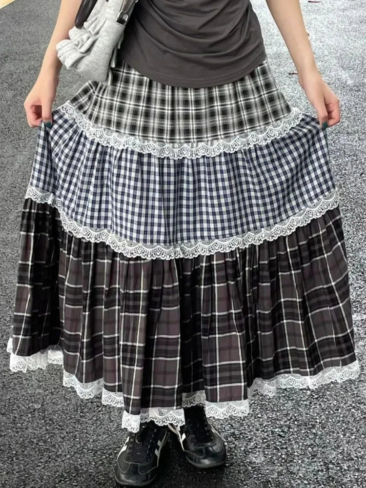 Vintage Harajuku Lace Plaid Skirt Women Preppy Style Long Skirts Autumn Winter Streetwear Retro A-line Ruffle Skirts voguable