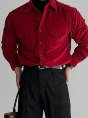 Korean High-end Shirt Temperament Red Corduroy Long-sleeved Shirts Men Women Spring Loose Lazy Trendy Tops Aesthetic Chic Blouse voguable