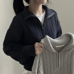 Voguable  Korean Fashion Half Zipper Sweaters Women Vintage Twisted Knitted Crop Pullover Casual Sueter Mujer Long Sleeve Tops voguable
