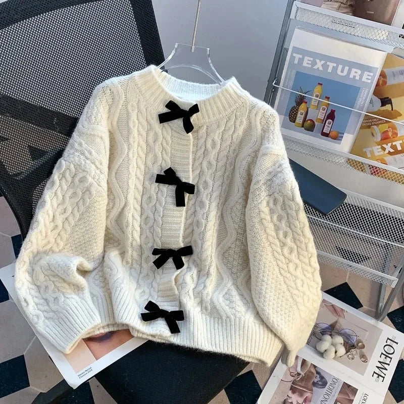 Preppy Style Bow Sweet Cardigan Women Cute Long Sleeve Solid Knitted Sweaters Casual Vintage O Neck Lady Fall Winter Top Outwear voguable