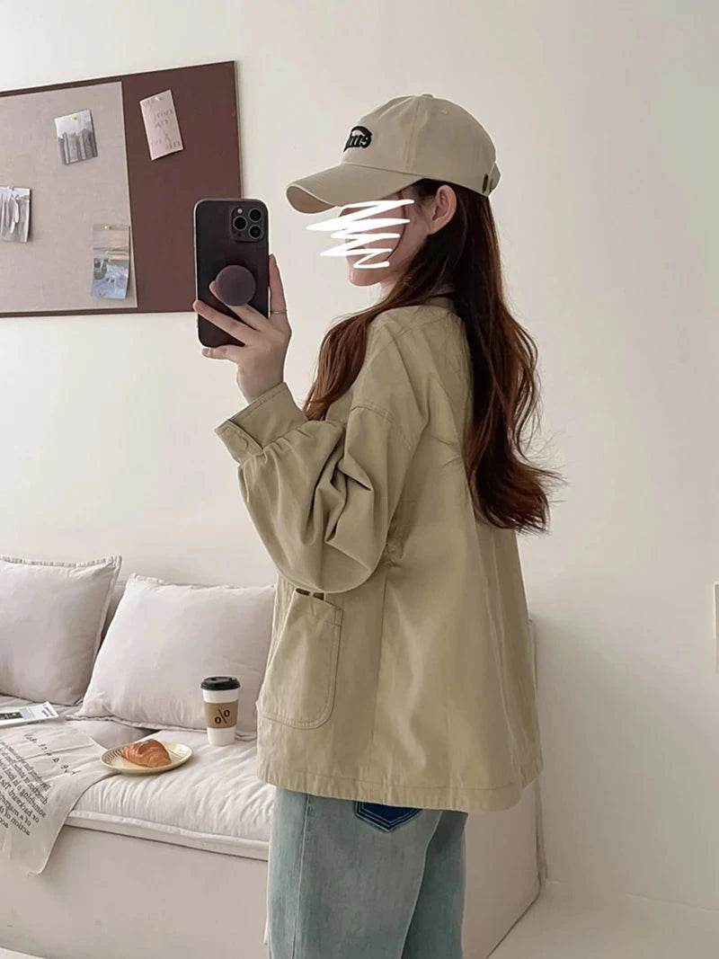 Fall Women Cargo Jacket Loose Preppy Style Long Sleeve Vintage Coat Casual Big Pockets American Retro Solid Bf Outwear Tops voguable