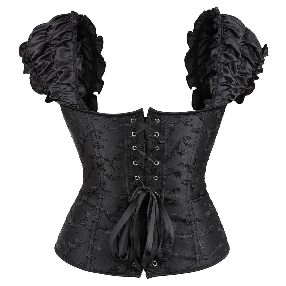 Voguable Gothic Lolita Puff Ruffle Sleeve Overbust Corset Jacquard Corselet Sexy Waist Bustier Top voguable