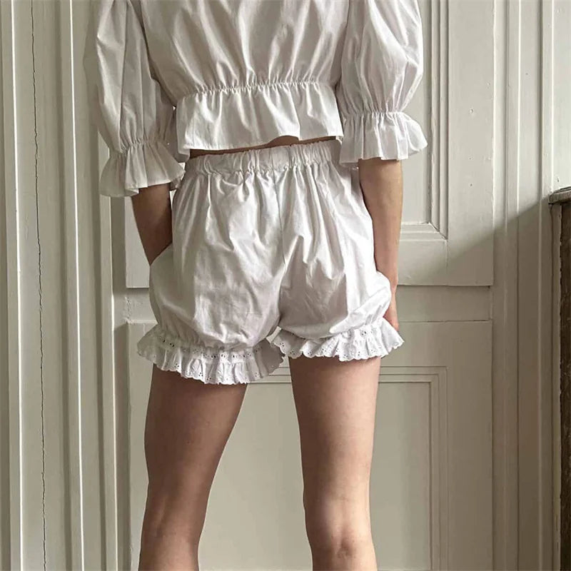 White Bloomers Ruffle Hem Bottoms Women Solid Color Elastic High Waist Panties Coquette Clothing y2k Victorian Shorts voguable