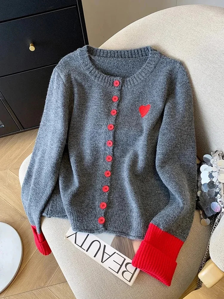 Vintage Love Print Cardigan Women Lazy Wind Patchwork Long Sleeve Knitted Sweaters Casual O Neck Fall Retro Korean Female Tops voguable