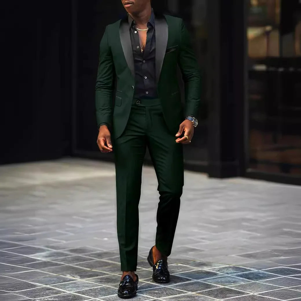 Voguable  Men's New Fashion Business Casual Two-piece, Comfortable and Breathable Slim-fit Side Slit Single-button Suit Jacket+trousers voguable