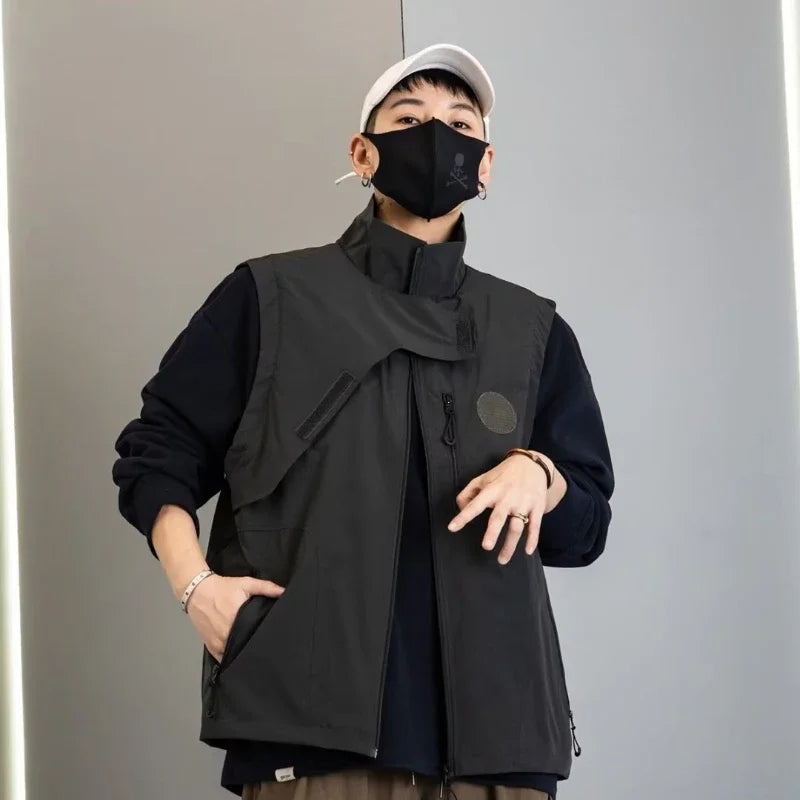 Vest Men Fashion Solid Simple Baggy Spring Autumn Sleeveless Stand Collar Asymmetrical Japanese Style Male High Street Handsome voguable