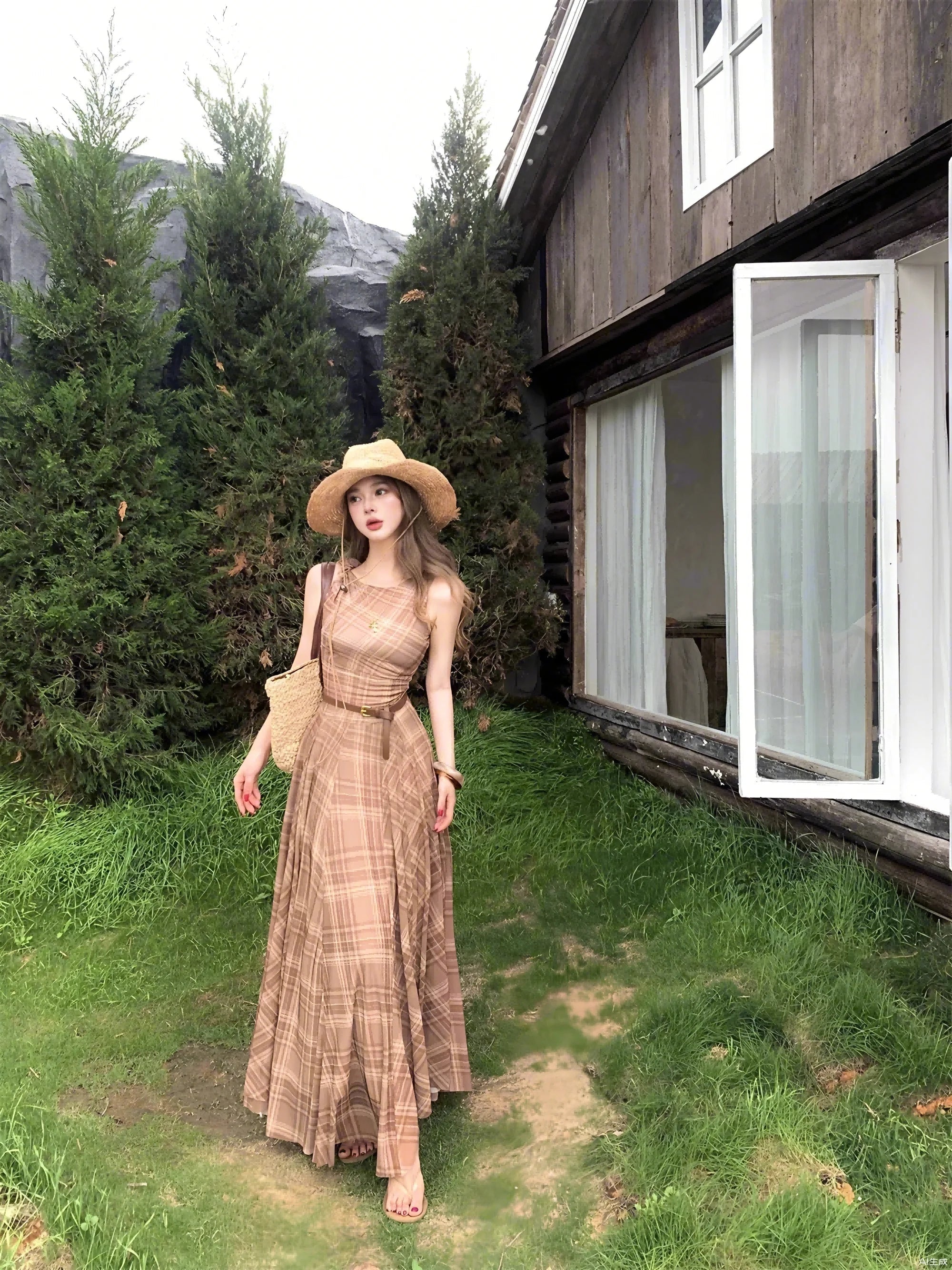 2025 Women's Dress, Summer Checkered Printed Sleeveless Long Dress, Round Neck, Large Swing, Elastic, Slimming A-Line Dress voguable