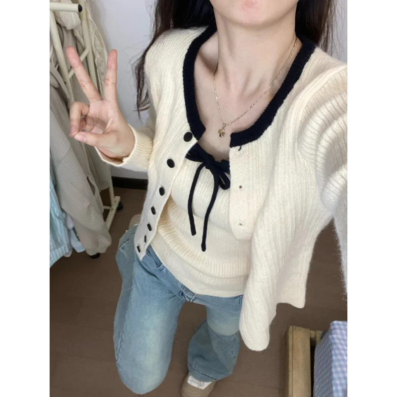 Voguable  Korean Knitted Cardigan with Suspenders Women's Autumn New Sweater Jacket Outer Top voguable