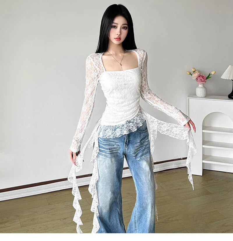Y2K Ruffles Lace T Shirts Women Sexy Slim Long Sleeve Streetwear Tops Fashion Square Collar Irregular Design Female Tees voguable