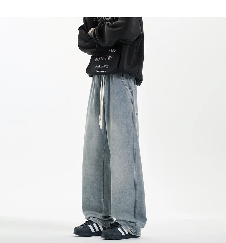 New Men's Jeans Washed Jeans Pants Unisex Drawstring Denim Pants Male Streetwear Korean Straight cylinder loose Cowboy Trousers voguable