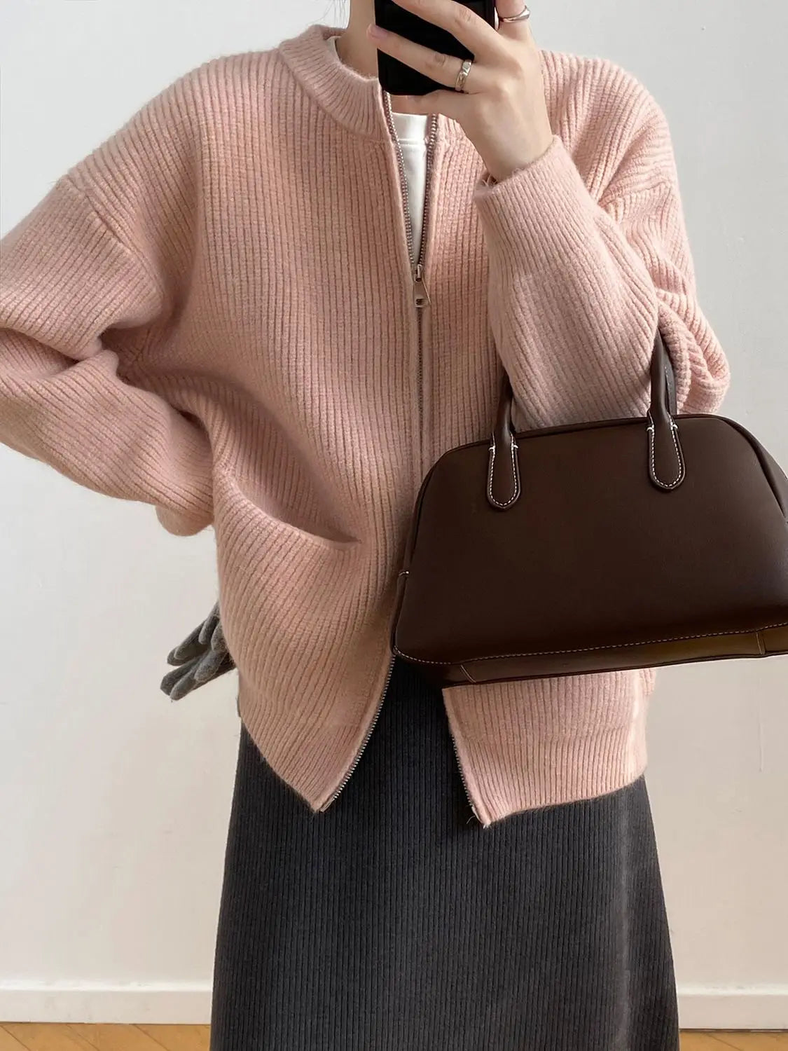 Sweater Cardigan Women Autumn Double Zipper Casual Korean Knitwear Coat Solid Color Loose Soft Long Sleeve Jackets Outerwear voguable