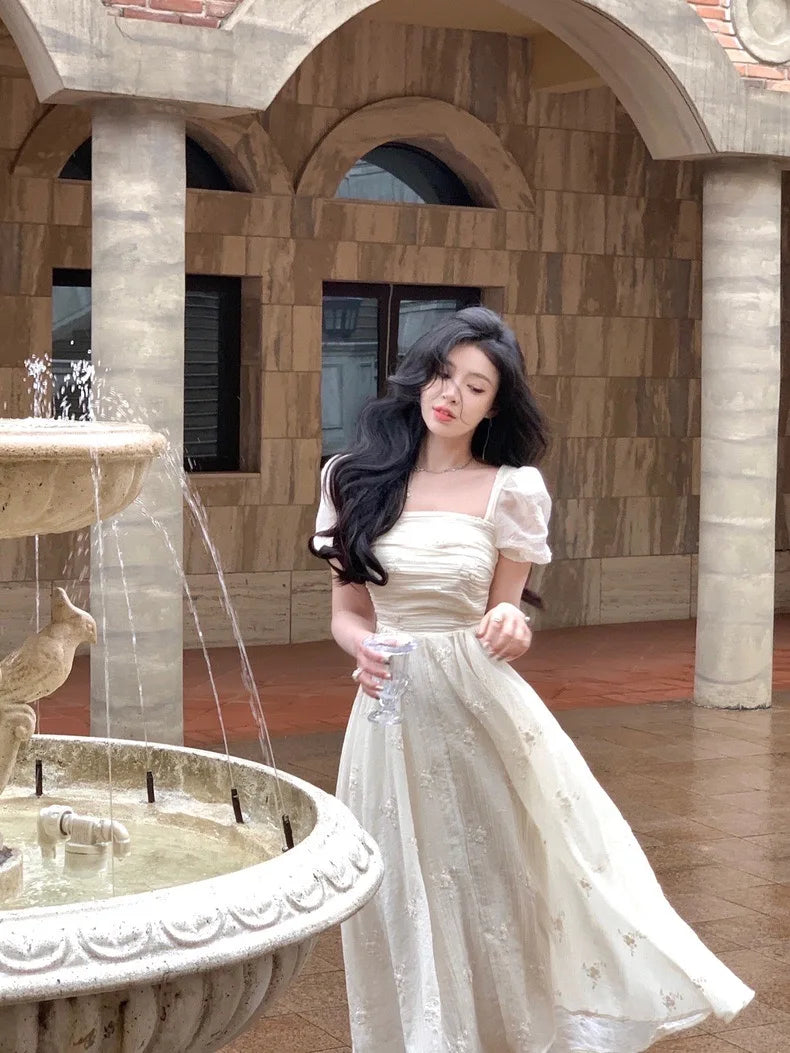 Voguable  Summer Fairy Backless Slash Neck Embroidery Suspender Dresses Women High Waist Chiffon Slim Fit Lolita Style White Dress voguable