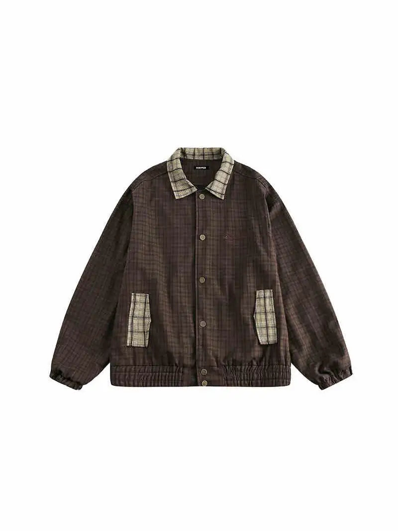 Spring Autumn Japanese Retro Plaid Jacket Men Women Couples College Style Splicing Embroidery Casual Loose Trend Jacket Urban voguable
