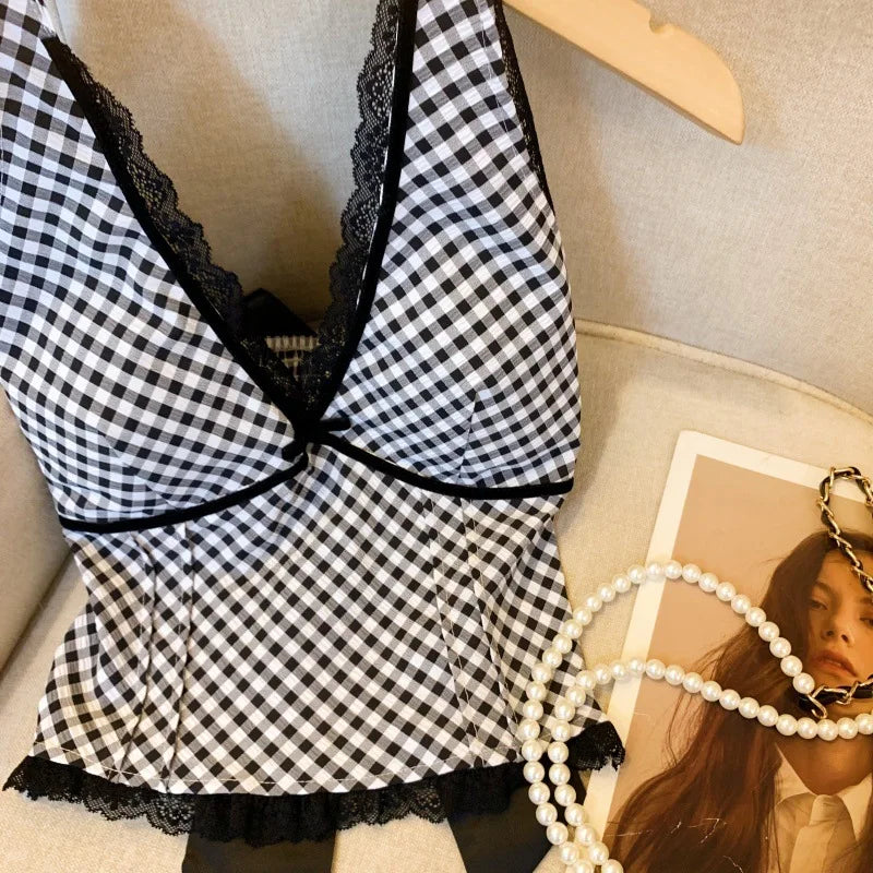 French Sweet Spicy Camis Hanging Neck Camisole Lace Patchwork Plaid Print Short Top Sexy Deep V-neck Bandage Halter Crop Tops voguable
