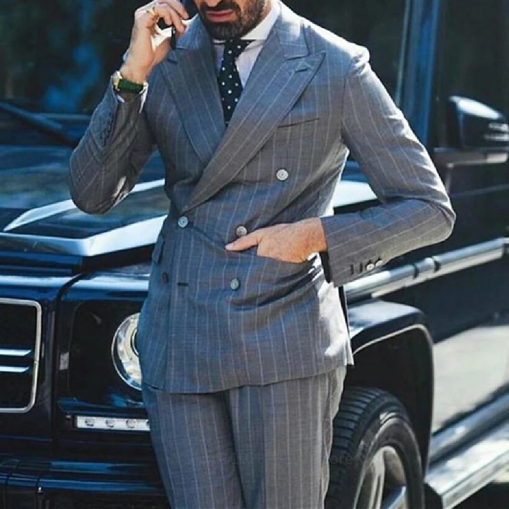 New Grey Stripe Mens Suits For Groom Tuxedos Peaked Lapel Slim Fit Blazer Two Piece Jacket Pants Man Tailor Made Clothing voguable