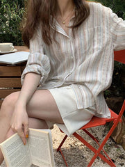 Korean Vintage Striped Women Shirts Long Sleeve Designed Summer Cotton Loose Button Up Shirt Oversize Female Tops New voguable