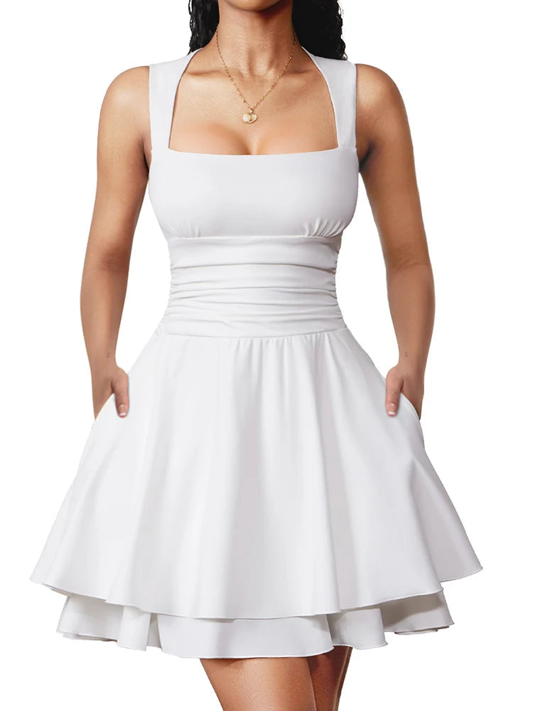 Voguable  Summer Elegant Women Sexy Sleeveless Dress High Waist Slim Short Skirt Square Neck Solid Color A-Line Dress Party Tank Dress voguable