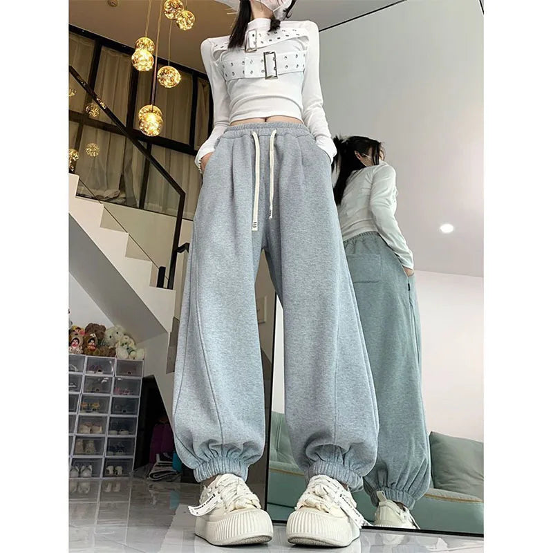 Sports Sweatpants Women Winter New High Waist Thermal Plus Fleece Wide Leg Drawstring Casual Elastic Waist All-match Trousers voguable