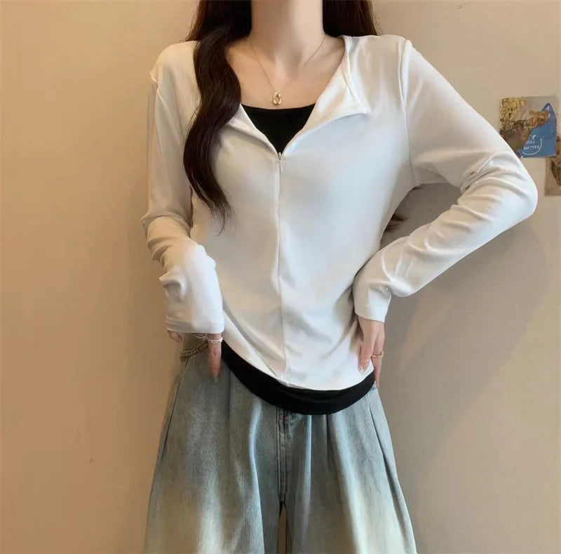 Long Sleeve T Shirt Women Fashion Fake Two Pieces Patchwork Basic Slim Zipper Slimming Bottoming Shirt Retro Red Casual T-shirt voguable