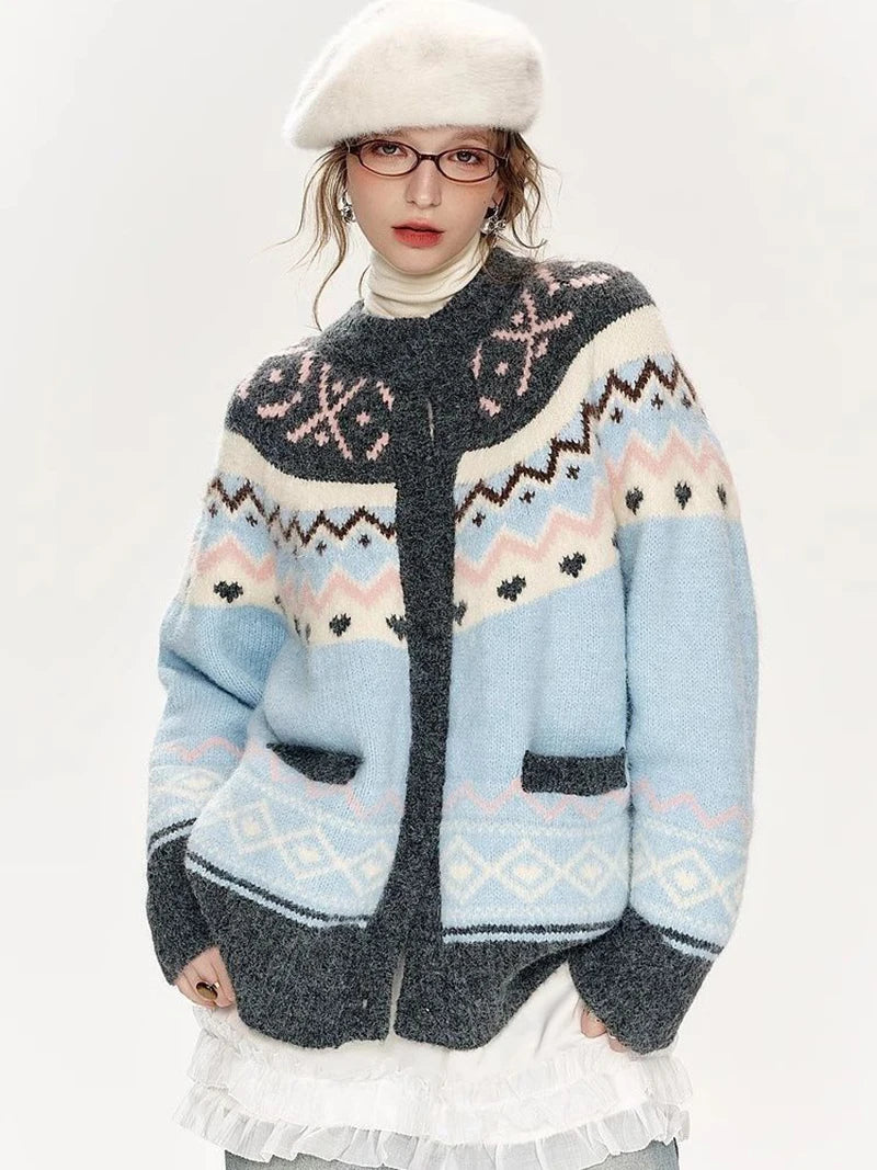 American Retro Print Cardigan Women Loose Lazy Wind Harajuku Knitted Sweater Casual Fall Winter Vintage O Neck Female Y2K Tops voguable