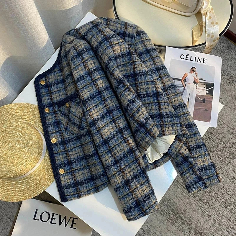 Thick Warm Elegant Tweed Jacket Women Slim Vintage Long Sleeve Winter Coat Korean Casual O Neck Female Retro Sweet Tops New voguable