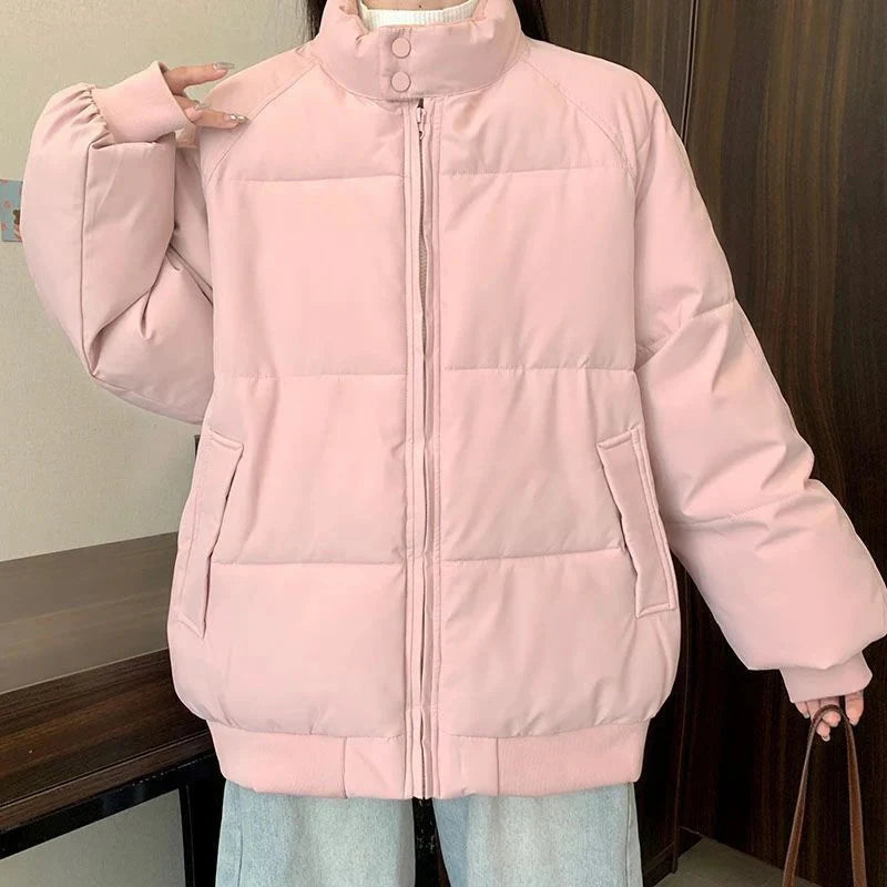 Preppy Style Sweet Pink Parkas Women Vintage Long Sleeve Winter Thick Warm Cotton Jacket Casual Stand Collar Loose Outwear voguable
