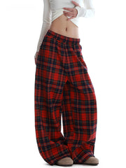 Voguable  American Street Retro Design Red Plaid Casual Pants Loose Straight Leg Trousers Lazy Wide Leg Trendy Men's Women's Pants voguable