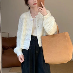Warm Color Vintage Fashion Women Sweater Coat New Korean All-match V-Neck Knitted Lantern Sleeve Chic Loose Thick Cardigans Tops voguable