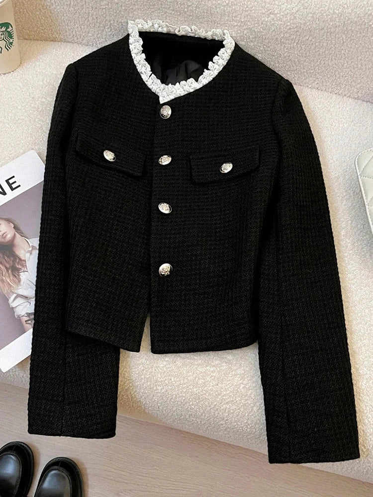 Black Slim Elegant Tweed Jacket Women Vintage Lace Patchwork Long Sleeve Sweet Coat Fall Winter French Casual Retro Tops voguable