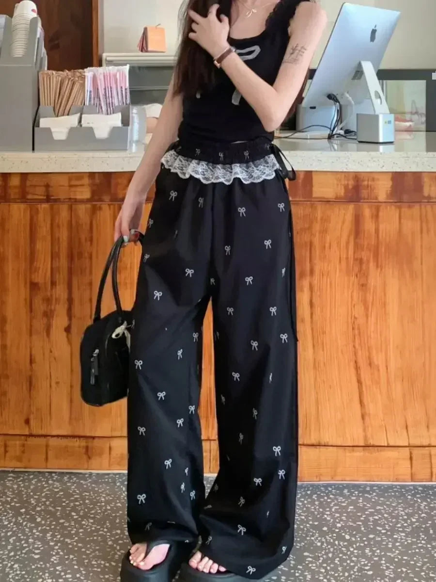 Fashion Lace Patchwork Women Casual Pants Summer Loose Preppy Bow Print Jogging Pants High Waist All Match Straight Trousers voguable