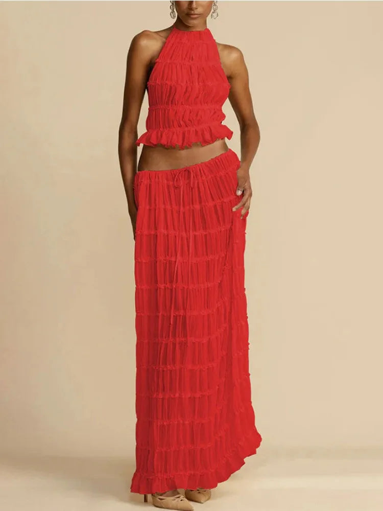 TARUXY Sexy Backless Halterneck Strappy Pleated Lace Vest Long Skirt Suit For Women Mesh Splice Solid Summer Beach Party Outfits voguable