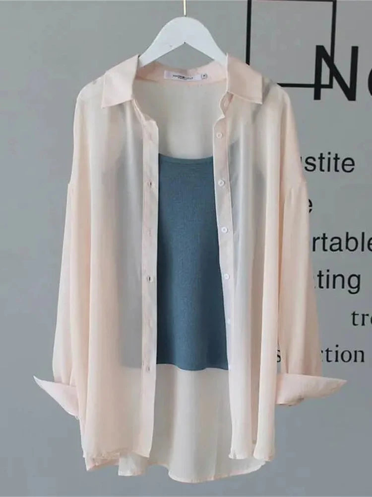 Voguable Chiffon Women Thin Shirts Summer Perspective Button Up Solid Korean Sun Shirt Long Sleeve Fashion Korean Ladies Tops New voguable