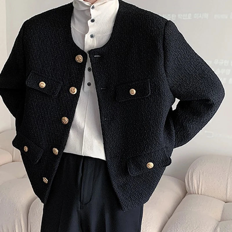 Korean Style Fashionable Tweed Round Neck Jacket Men Japanese Trendy High-end Single-breasted Short Jacket with Temperament voguable