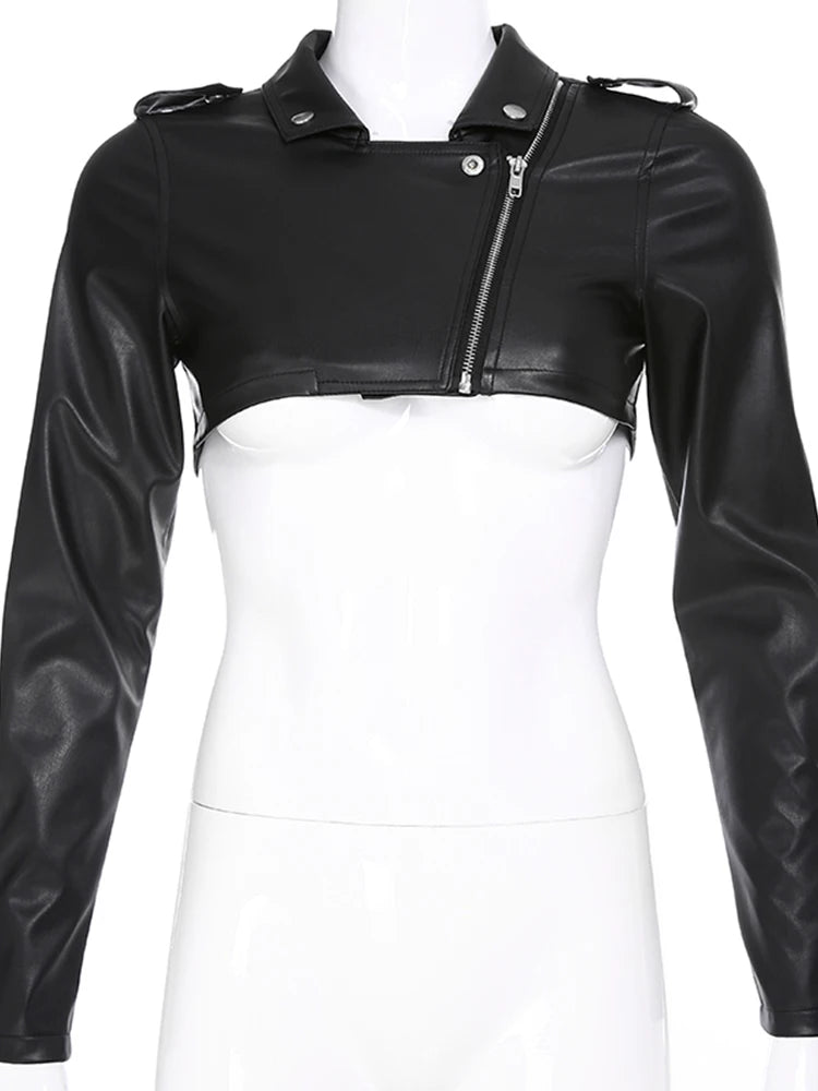 Voguable  Black PU Leather Crop Jacket Street Wear Punk Style Women Coats Long Sleeve Turn-Down Zipper Short Jacket Fashion voguable