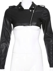 Voguable  Black PU Leather Crop Jacket Street Wear Punk Style Women Coats Long Sleeve Turn-Down Zipper Short Jacket Fashion voguable