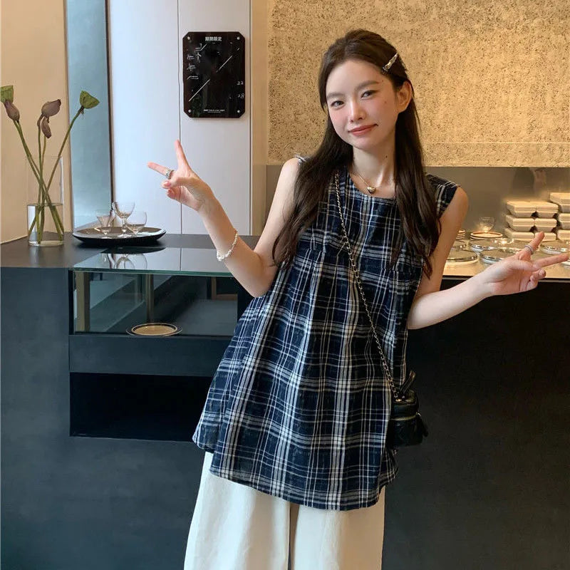 Japanese Sweet Plaid Shirt Women Summer Chic Patchwork Sleeveless Blouse Female New Loose Streetwear All Match O Neck Tops voguable