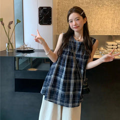 Japanese Sweet Plaid Shirt Women Summer Chic Patchwork Sleeveless Blouse Female New Loose Streetwear All Match O Neck Tops voguable